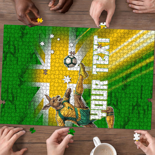 Personalized Australia Soccer Kangaroo Puzzle Dynamic Kick with Australian Flag Green Gold Sports Graphic