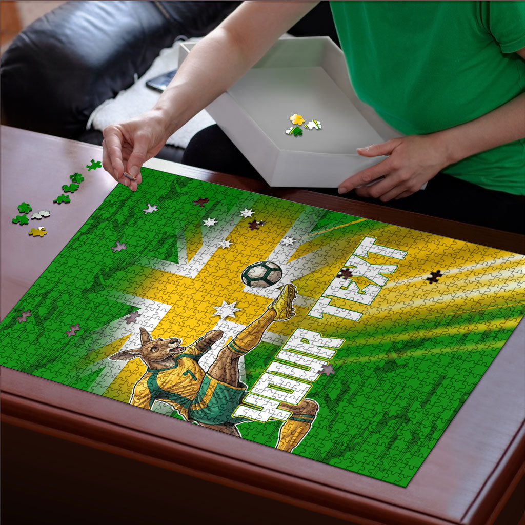 Personalized Australia Soccer Kangaroo Puzzle Dynamic Kick with Australian Flag Green Gold Sports Graphic
