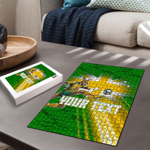Personalized Australia Soccer Kangaroo Puzzle Dynamic Kick with Australian Flag Green Gold Sports Graphic