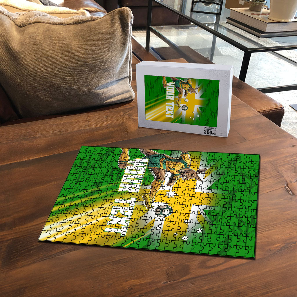 Personalized Australia Soccer Kangaroo Puzzle Dynamic Kick with Australian Flag Green Gold Sports Graphic