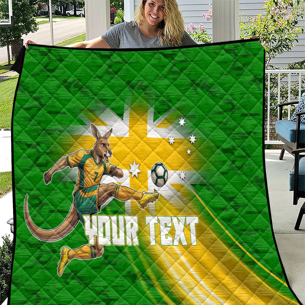 Personalized Australia Soccer Kangaroo Quilt Dynamic Kick with Australian Flag Green Gold Sports Graphic
