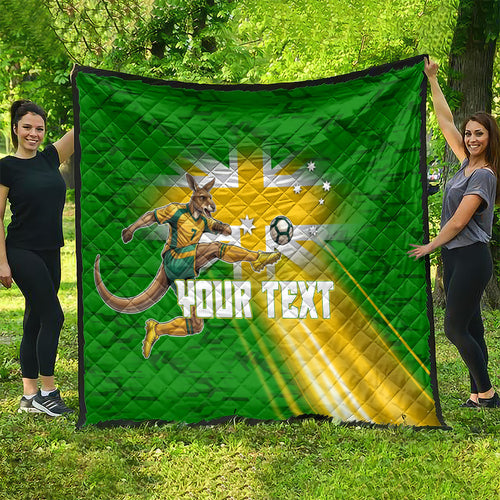 Personalized Australia Soccer Kangaroo Quilt Dynamic Kick with Australian Flag Green Gold Sports Graphic