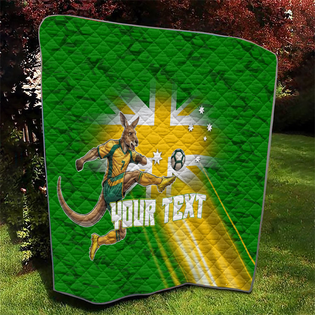 Personalized Australia Soccer Kangaroo Quilt Dynamic Kick with Australian Flag Green Gold Sports Graphic