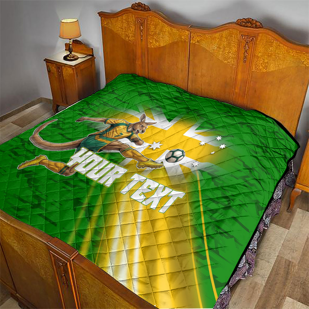 Personalized Australia Soccer Kangaroo Quilt Dynamic Kick with Australian Flag Green Gold Sports Graphic