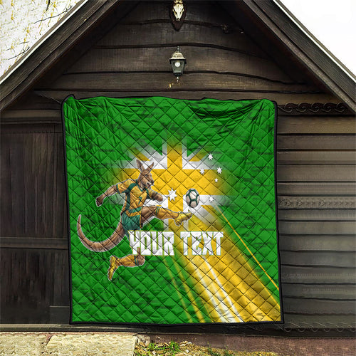 Personalized Australia Soccer Kangaroo Quilt Dynamic Kick with Australian Flag Green Gold Sports Graphic