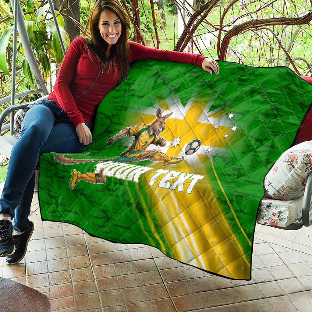 Personalized Australia Soccer Kangaroo Quilt Dynamic Kick with Australian Flag Green Gold Sports Graphic