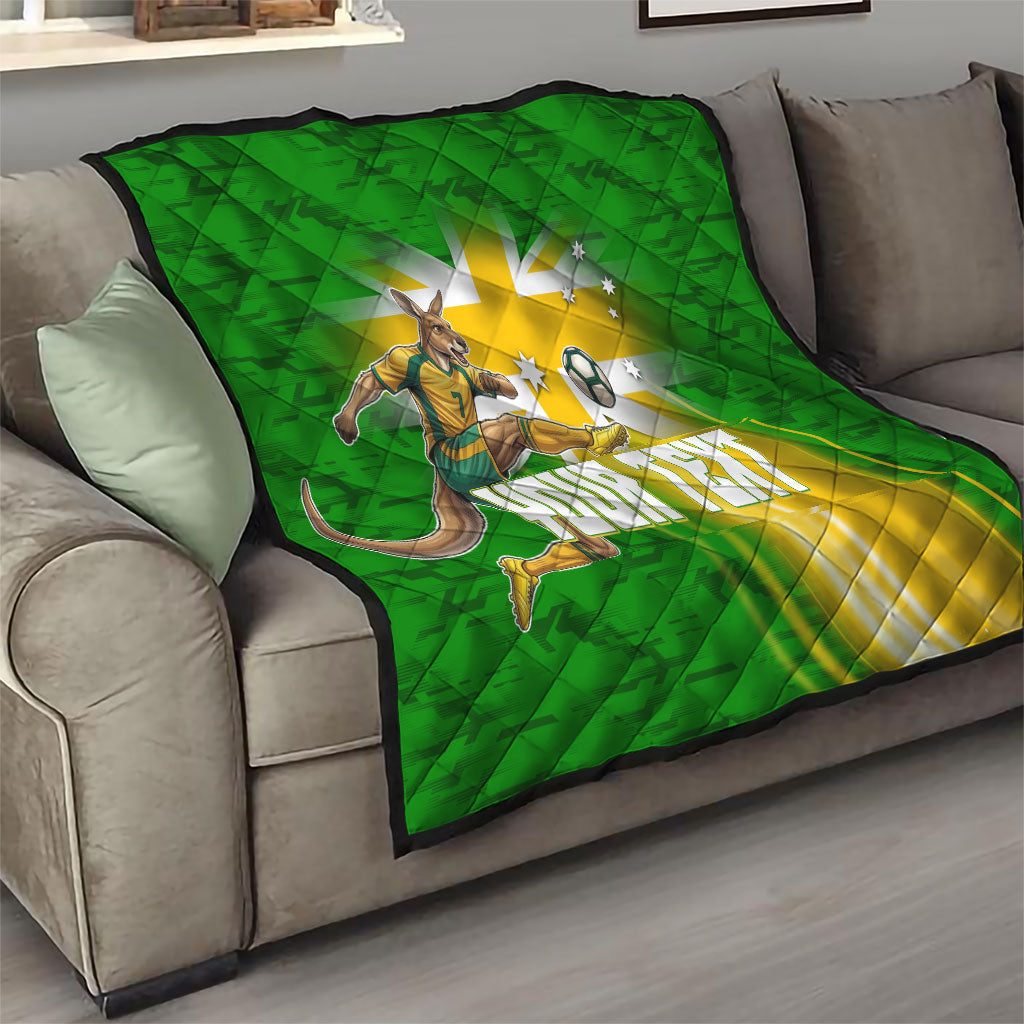 Personalized Australia Soccer Kangaroo Quilt Dynamic Kick with Australian Flag Green Gold Sports Graphic