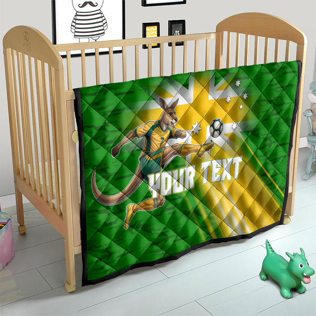 Personalized Australia Soccer Kangaroo Quilt Dynamic Kick with Australian Flag Green Gold Sports Graphic