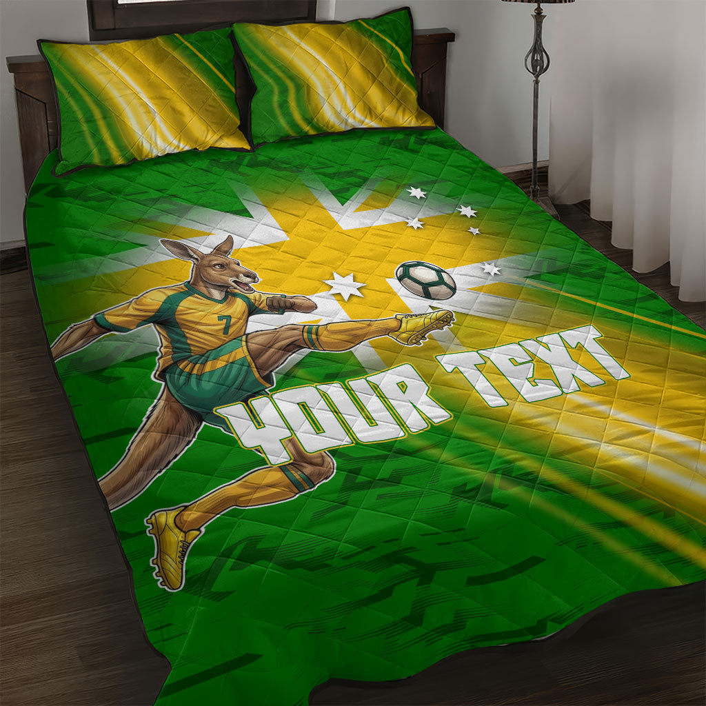 Personalized Australia Soccer Kangaroo Quilt Bed Set Dynamic Kick with Australian Flag Green Gold Sports Graphic