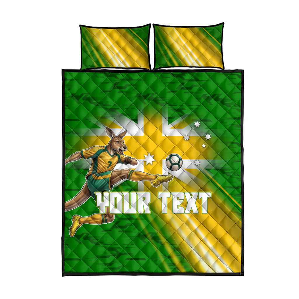 Personalized Australia Soccer Kangaroo Quilt Bed Set Dynamic Kick with Australian Flag Green Gold Sports Graphic