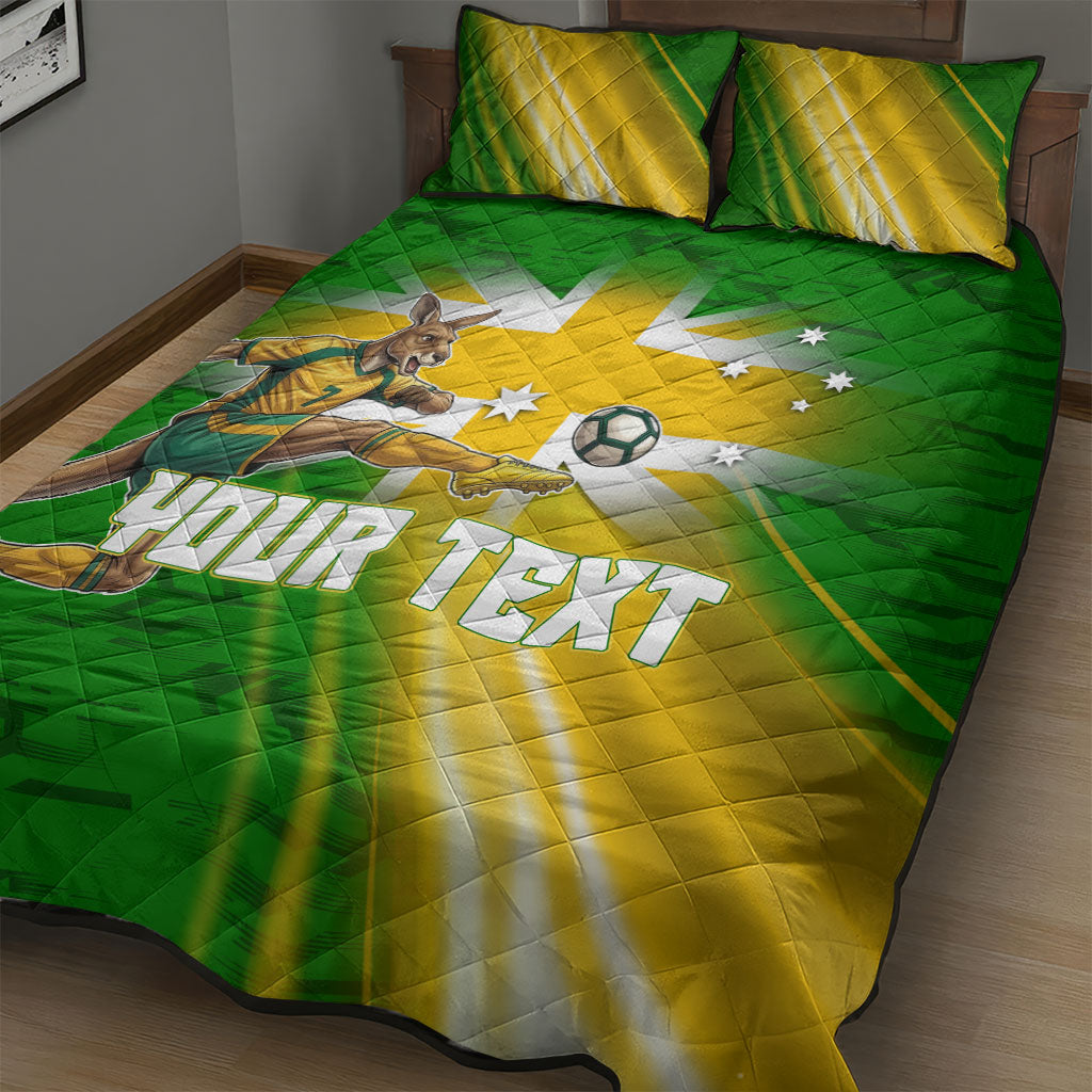 Personalized Australia Soccer Kangaroo Quilt Bed Set Dynamic Kick with Australian Flag Green Gold Sports Graphic
