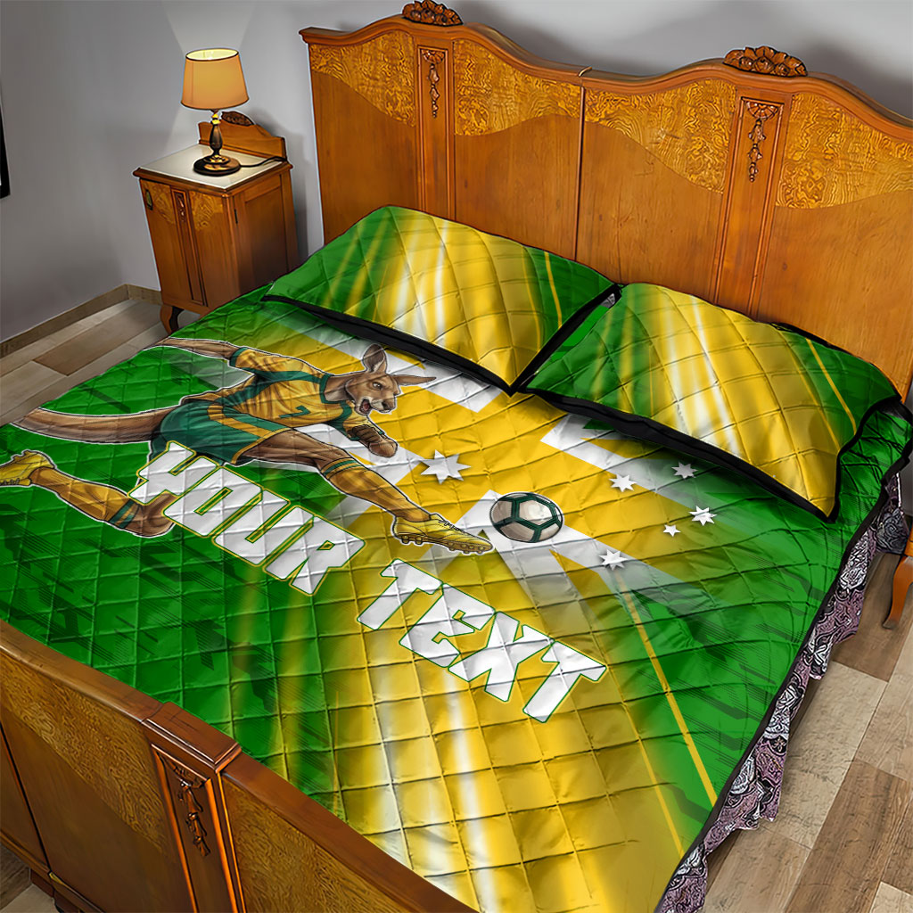 Personalized Australia Soccer Kangaroo Quilt Bed Set Dynamic Kick with Australian Flag Green Gold Sports Graphic