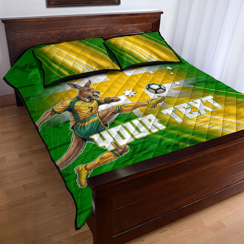 Personalized Australia Soccer Kangaroo Quilt Bed Set Dynamic Kick with Australian Flag Green Gold Sports Graphic