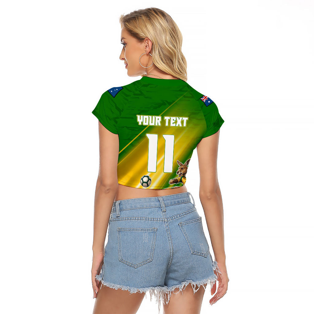 Personalized Australia Soccer Kangaroo Raglan Cropped T Shirt Dynamic Kick with Australian Flag Green Gold Sports Graphic