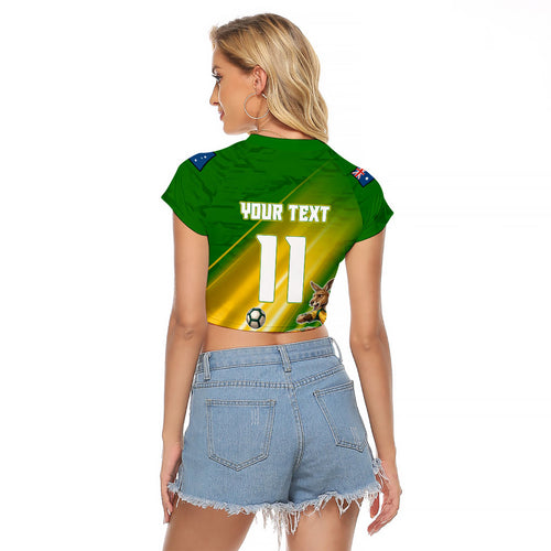 Personalized Australia Soccer Kangaroo Raglan Cropped T Shirt Dynamic Kick with Australian Flag Green Gold Sports Graphic