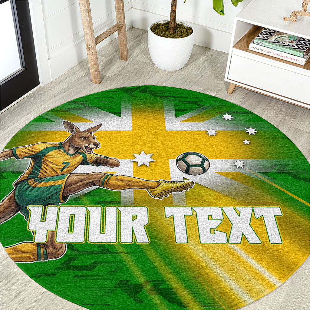 Personalized Australia Soccer Kangaroo Round Carpet Dynamic Kick with Australian Flag Green Gold Sports Graphic