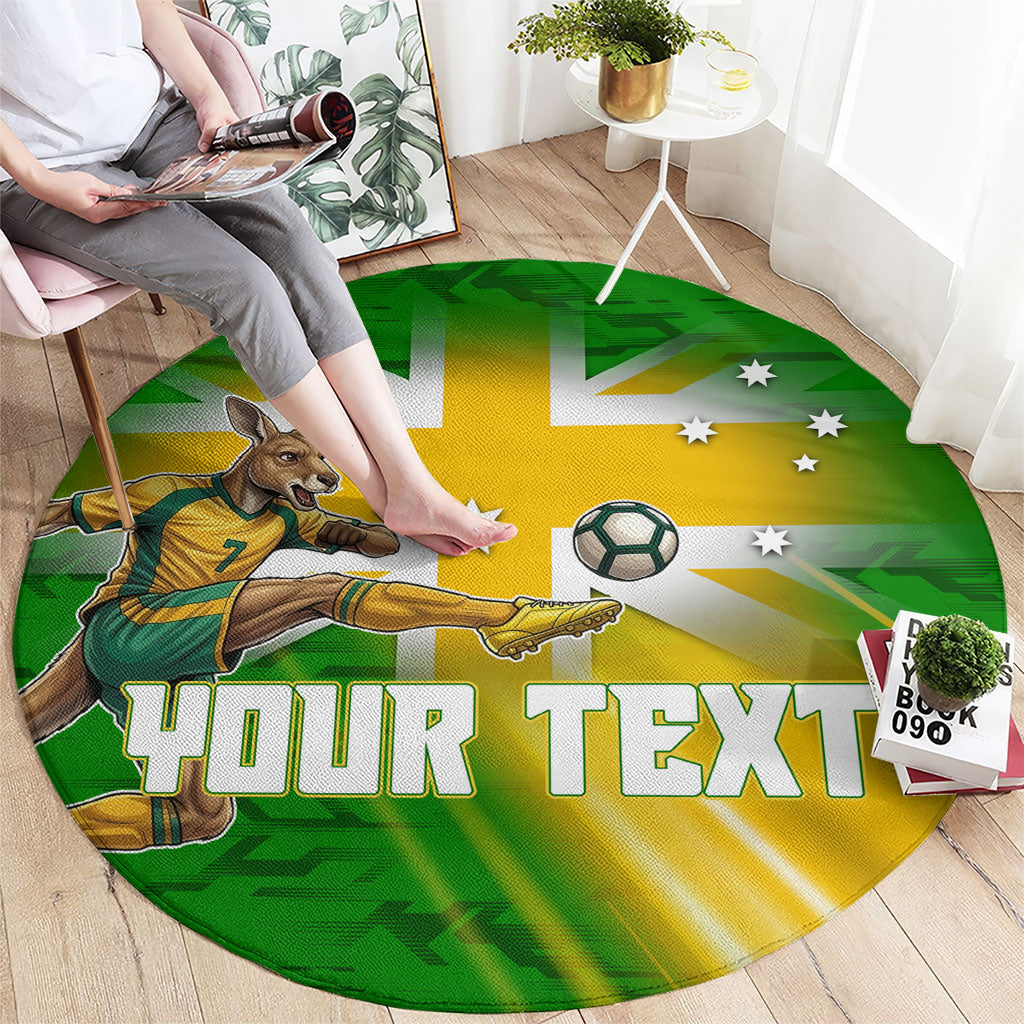 Personalized Australia Soccer Kangaroo Round Carpet Dynamic Kick with Australian Flag Green Gold Sports Graphic