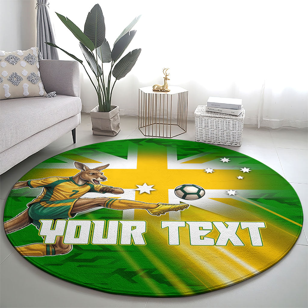 Personalized Australia Soccer Kangaroo Round Carpet Dynamic Kick with Australian Flag Green Gold Sports Graphic