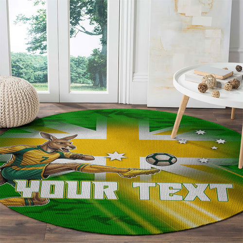 Personalized Australia Soccer Kangaroo Round Carpet Dynamic Kick with Australian Flag Green Gold Sports Graphic