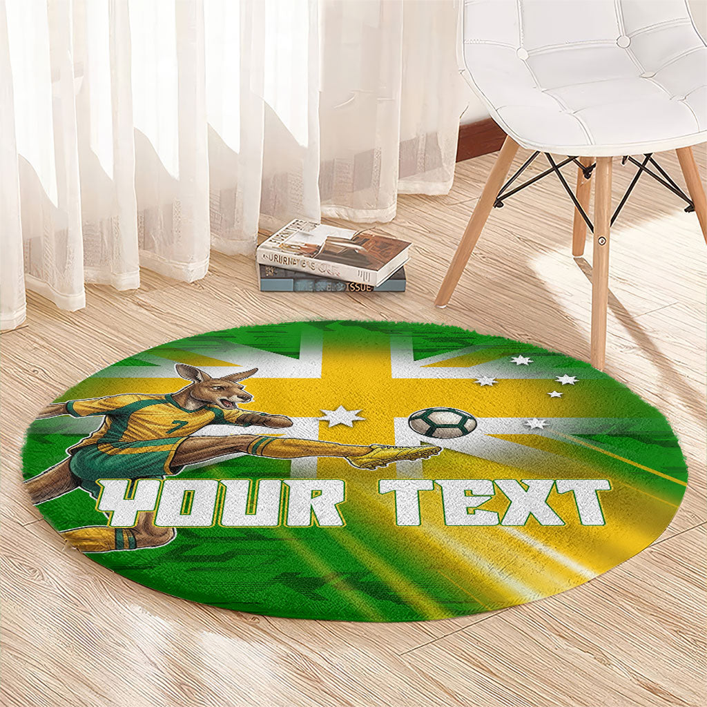 Personalized Australia Soccer Kangaroo Round Carpet Dynamic Kick with Australian Flag Green Gold Sports Graphic