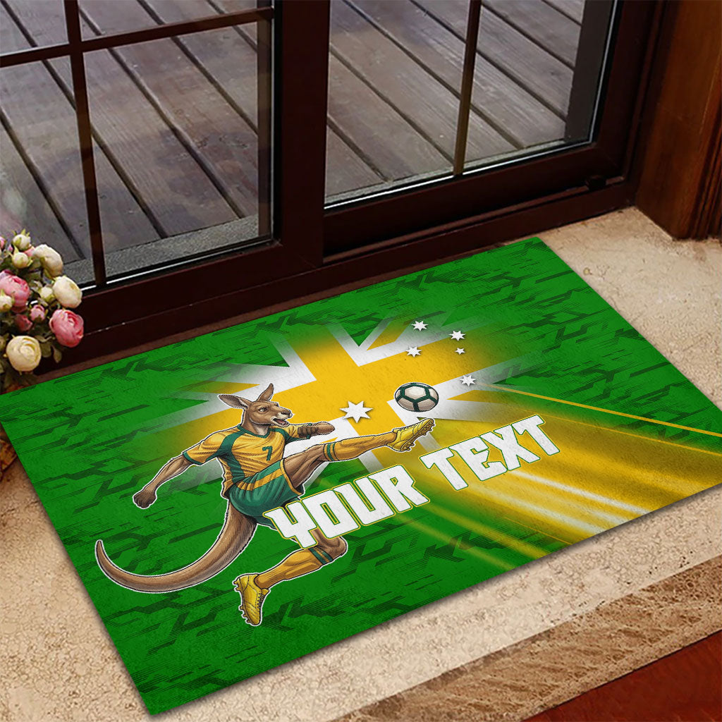Personalized Australia Soccer Kangaroo Rubber Doormat Dynamic Kick with Australian Flag Green Gold Sports Graphic