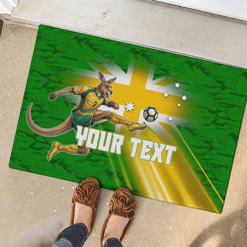 Personalized Australia Soccer Kangaroo Rubber Doormat Dynamic Kick with Australian Flag Green Gold Sports Graphic