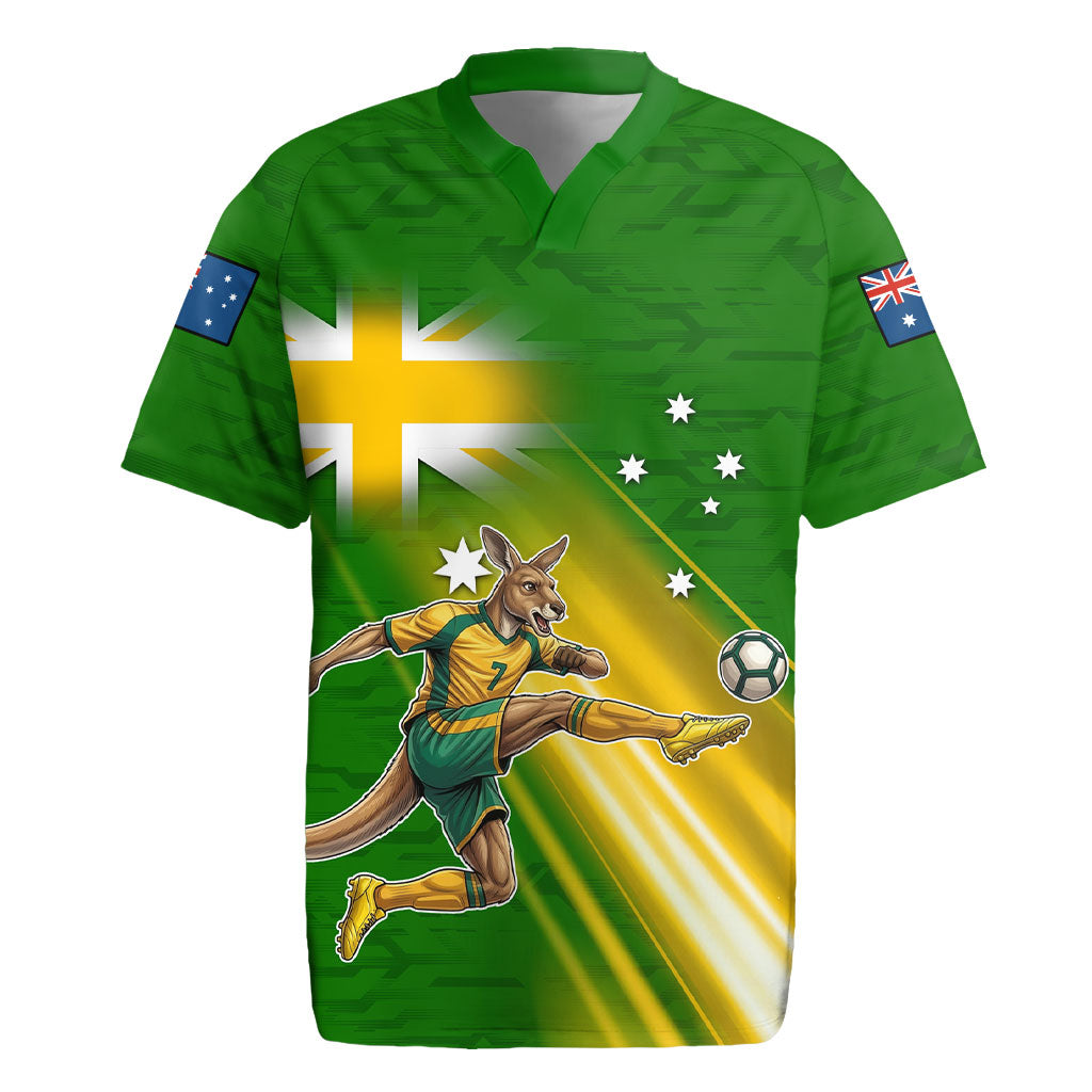 Personalized Australia Soccer Kangaroo Rugby Jersey Dynamic Kick with Australian Flag Green Gold Sports Graphic