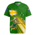 Personalized Australia Soccer Kangaroo Rugby Jersey Dynamic Kick with Australian Flag Green Gold Sports Graphic