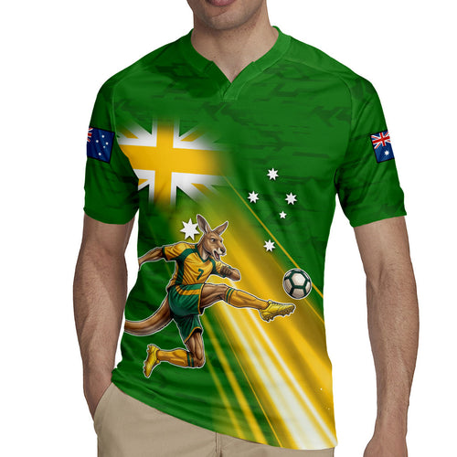 Personalized Australia Soccer Kangaroo Rugby Jersey Dynamic Kick with Australian Flag Green Gold Sports Graphic