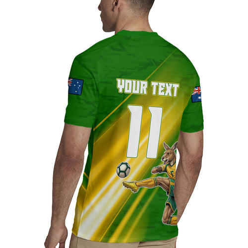 Personalized Australia Soccer Kangaroo Rugby Jersey Dynamic Kick with Australian Flag Green Gold Sports Graphic