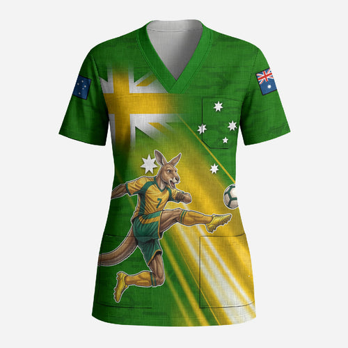 Personalized Australia Soccer Kangaroo Scrub Top Dynamic Kick with Australian Flag Green Gold Sports Graphic
