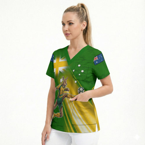 Personalized Australia Soccer Kangaroo Scrub Top Dynamic Kick with Australian Flag Green Gold Sports Graphic