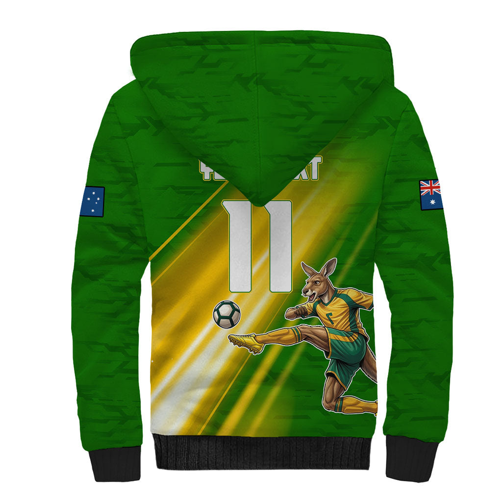 Personalized Australia Soccer Kangaroo Sherpa Hoodie Dynamic Kick with Australian Flag Green Gold Sports Graphic