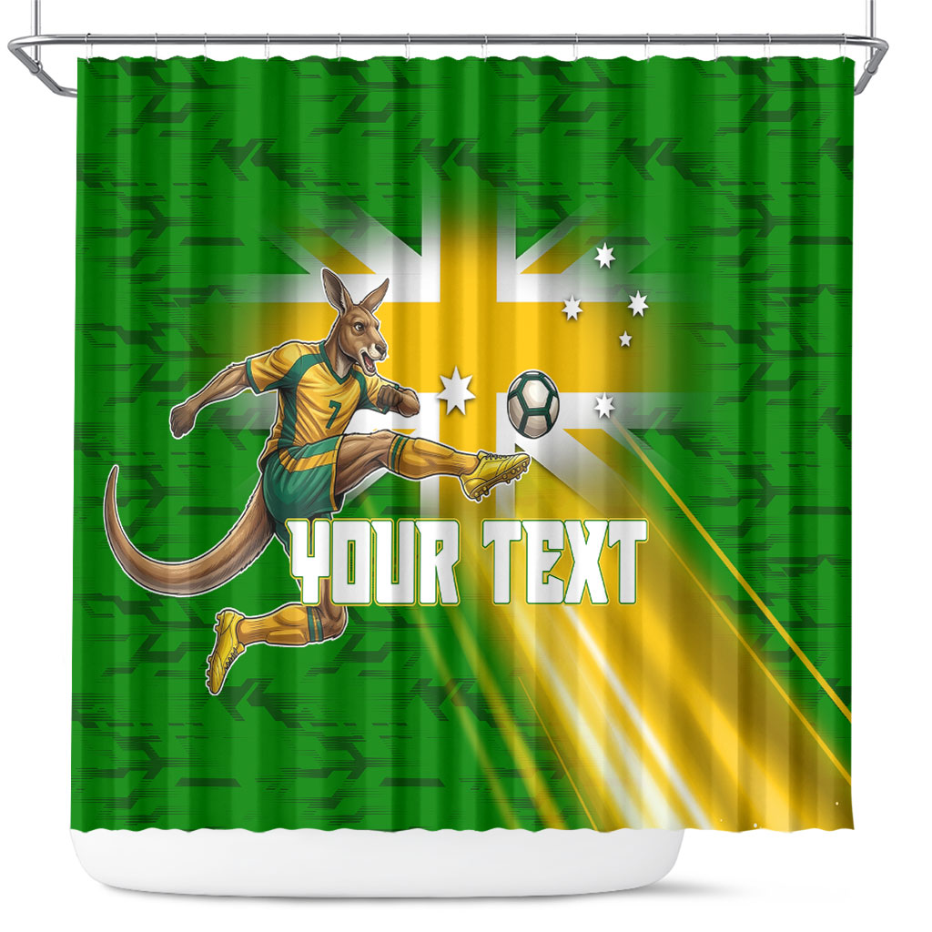 Personalized Australia Soccer Kangaroo Shower Curtain Dynamic Kick with Australian Flag Green Gold Sports Graphic