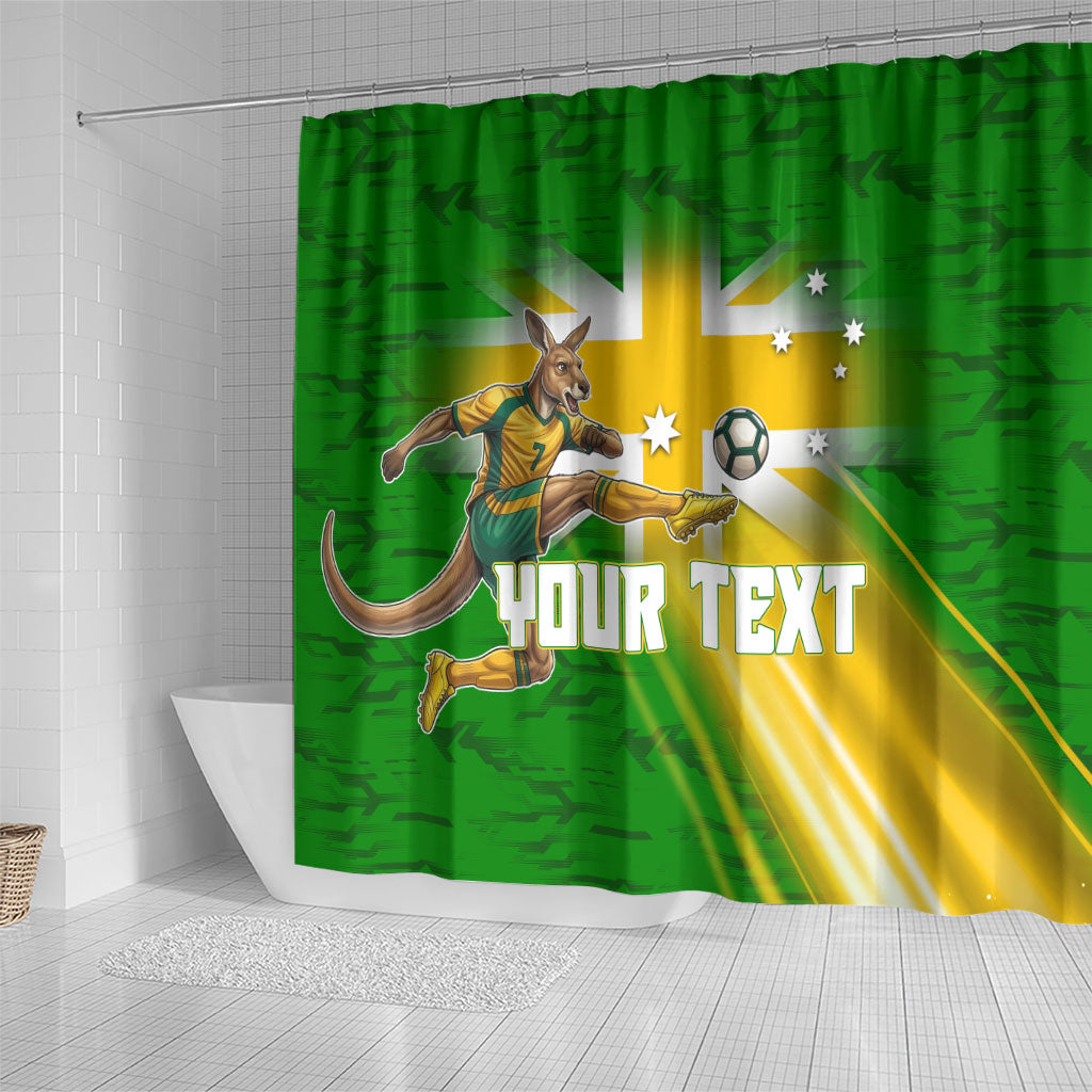 Personalized Australia Soccer Kangaroo Shower Curtain Dynamic Kick with Australian Flag Green Gold Sports Graphic