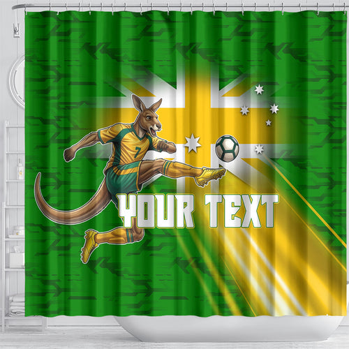 Personalized Australia Soccer Kangaroo Shower Curtain Dynamic Kick with Australian Flag Green Gold Sports Graphic