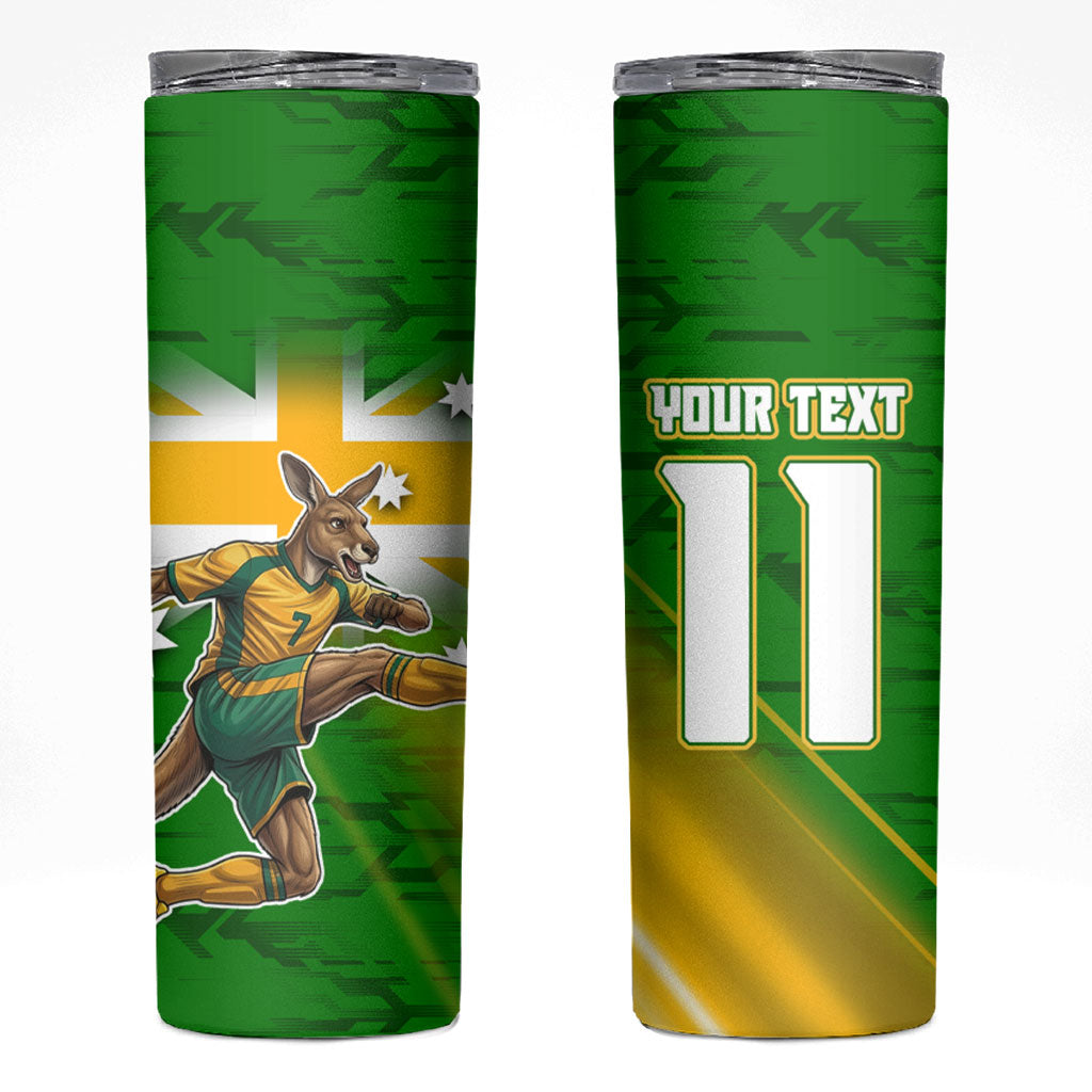 Personalized Australia Soccer Kangaroo Skinny Tumbler Dynamic Kick with Australian Flag Green Gold Sports Graphic
