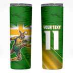 Personalized Australia Soccer Kangaroo Skinny Tumbler Dynamic Kick with Australian Flag Green Gold Sports Graphic