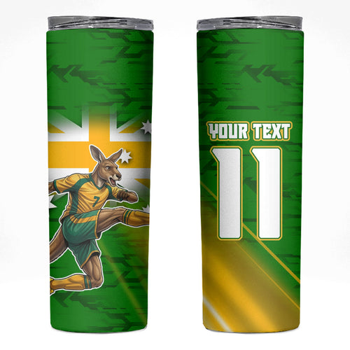 Personalized Australia Soccer Kangaroo Skinny Tumbler Dynamic Kick with Australian Flag Green Gold Sports Graphic
