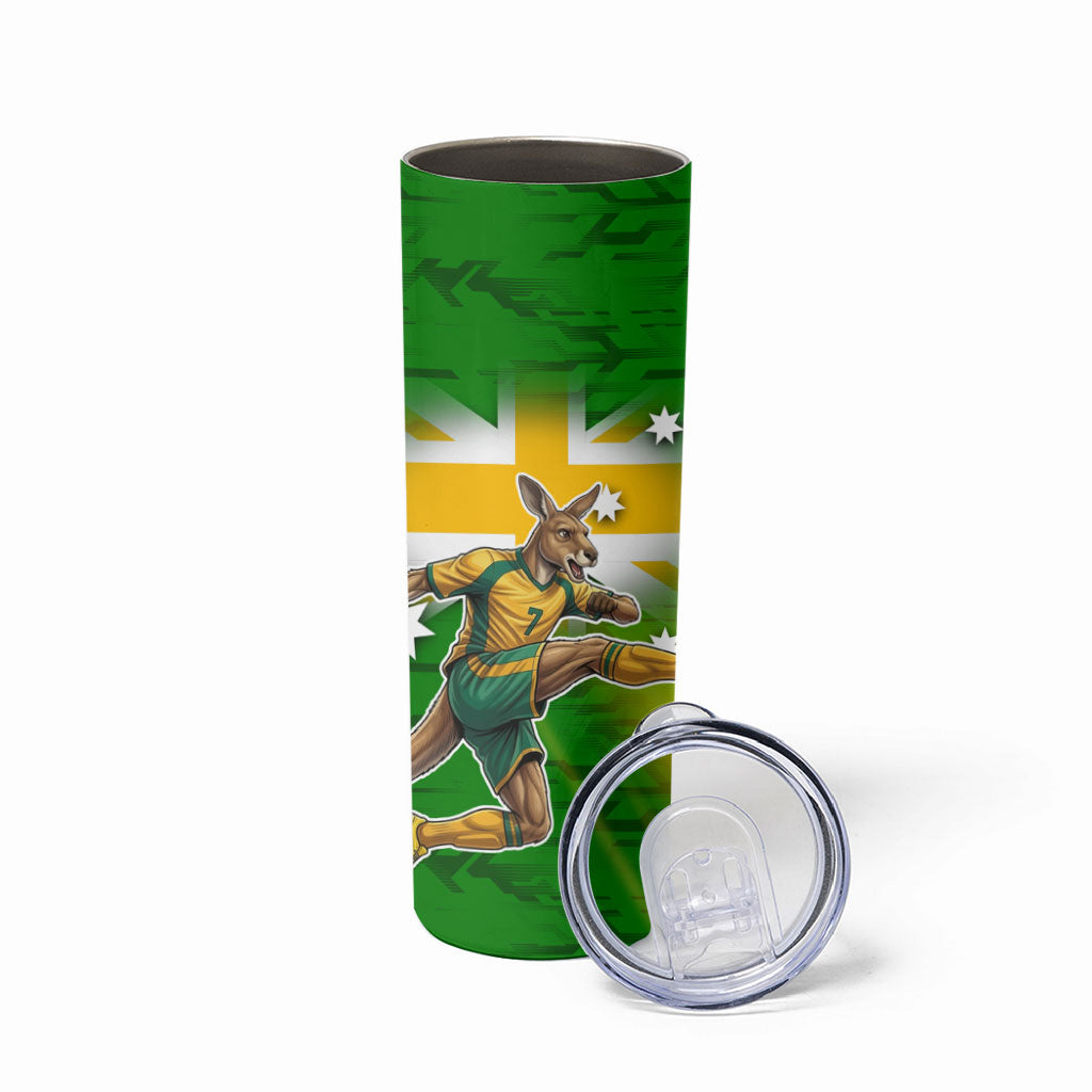 Personalized Australia Soccer Kangaroo Skinny Tumbler Dynamic Kick with Australian Flag Green Gold Sports Graphic