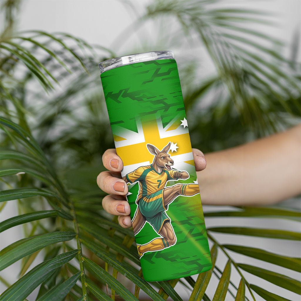 Personalized Australia Soccer Kangaroo Skinny Tumbler Dynamic Kick with Australian Flag Green Gold Sports Graphic