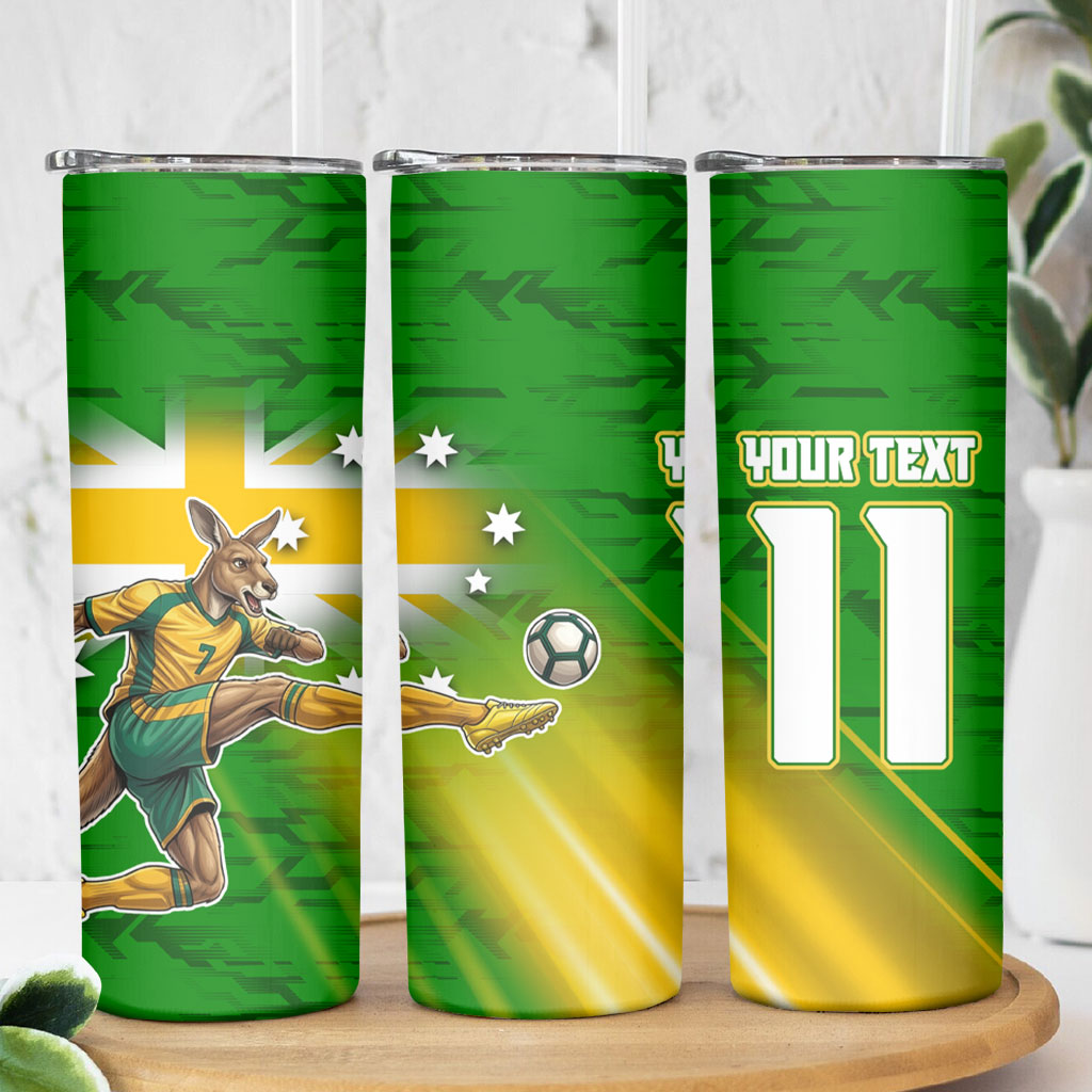 Personalized Australia Soccer Kangaroo Skinny Tumbler Dynamic Kick with Australian Flag Green Gold Sports Graphic