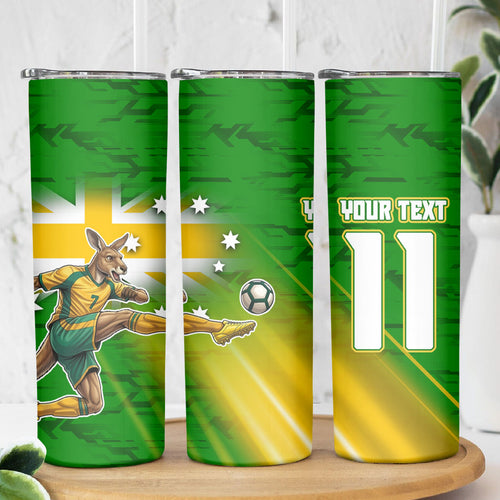 Personalized Australia Soccer Kangaroo Skinny Tumbler Dynamic Kick with Australian Flag Green Gold Sports Graphic