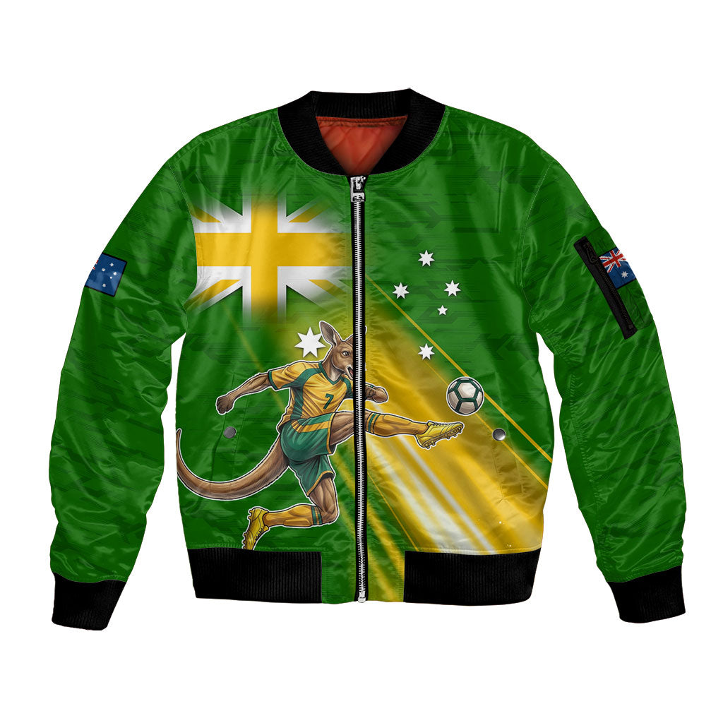 Personalized Australia Soccer Kangaroo Sleeve Zip Bomber Jacket Dynamic Kick with Australian Flag Green Gold Sports Graphic