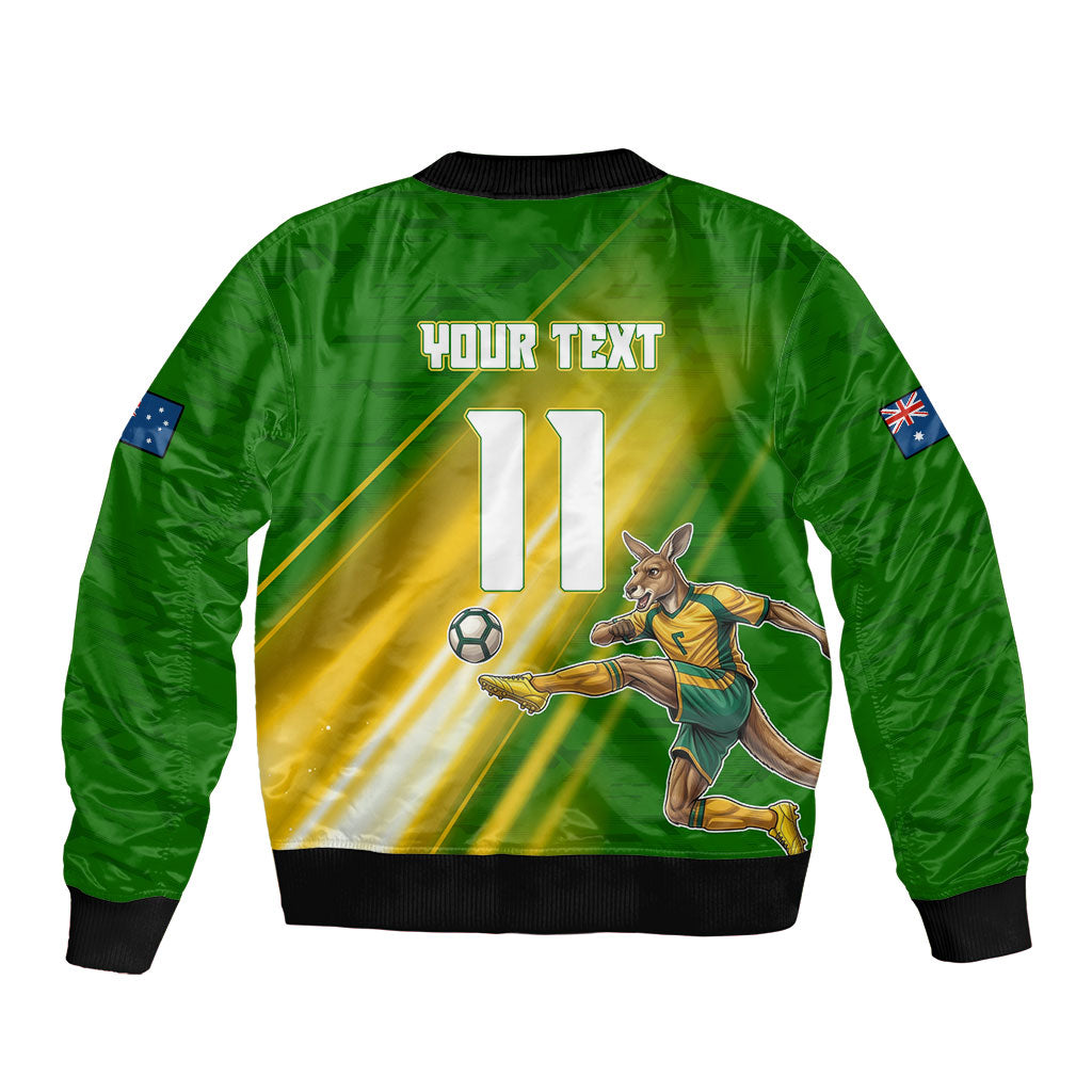 Personalized Australia Soccer Kangaroo Sleeve Zip Bomber Jacket Dynamic Kick with Australian Flag Green Gold Sports Graphic