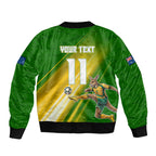 Personalized Australia Soccer Kangaroo Sleeve Zip Bomber Jacket Dynamic Kick with Australian Flag Green Gold Sports Graphic