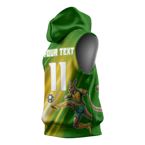 Personalized Australia Soccer Kangaroo Sleeveless Hoodie Dynamic Kick with Australian Flag Green Gold Sports Graphic