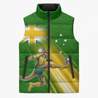 Personalized Australia Soccer Kangaroo Sleeveless Puffer Jacket Dynamic Kick with Australian Flag Green Gold Sports Graphic