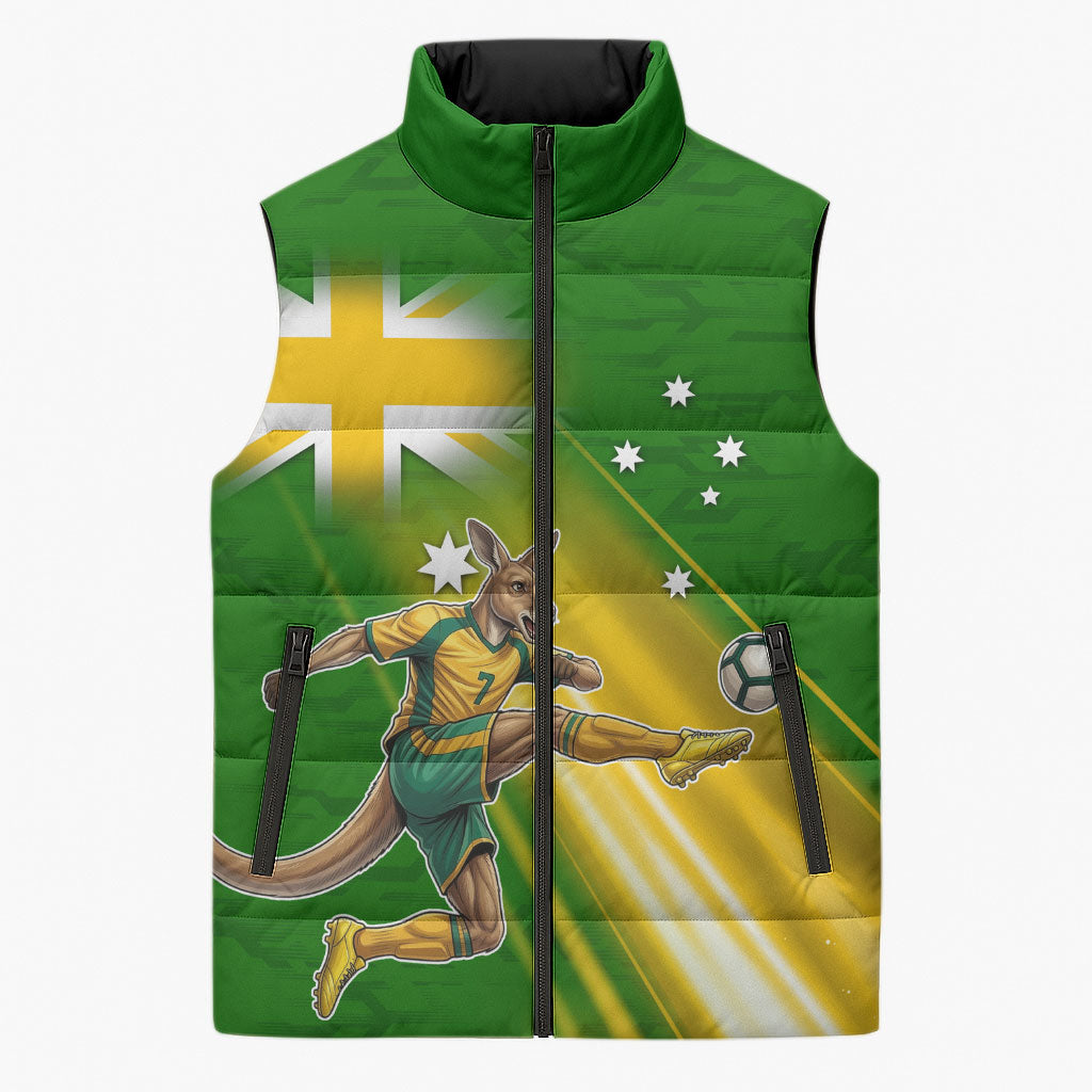 Personalized Australia Soccer Kangaroo Sleeveless Puffer Jacket Dynamic Kick with Australian Flag Green Gold Sports Graphic