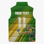 Personalized Australia Soccer Kangaroo Sleeveless Puffer Jacket Dynamic Kick with Australian Flag Green Gold Sports Graphic